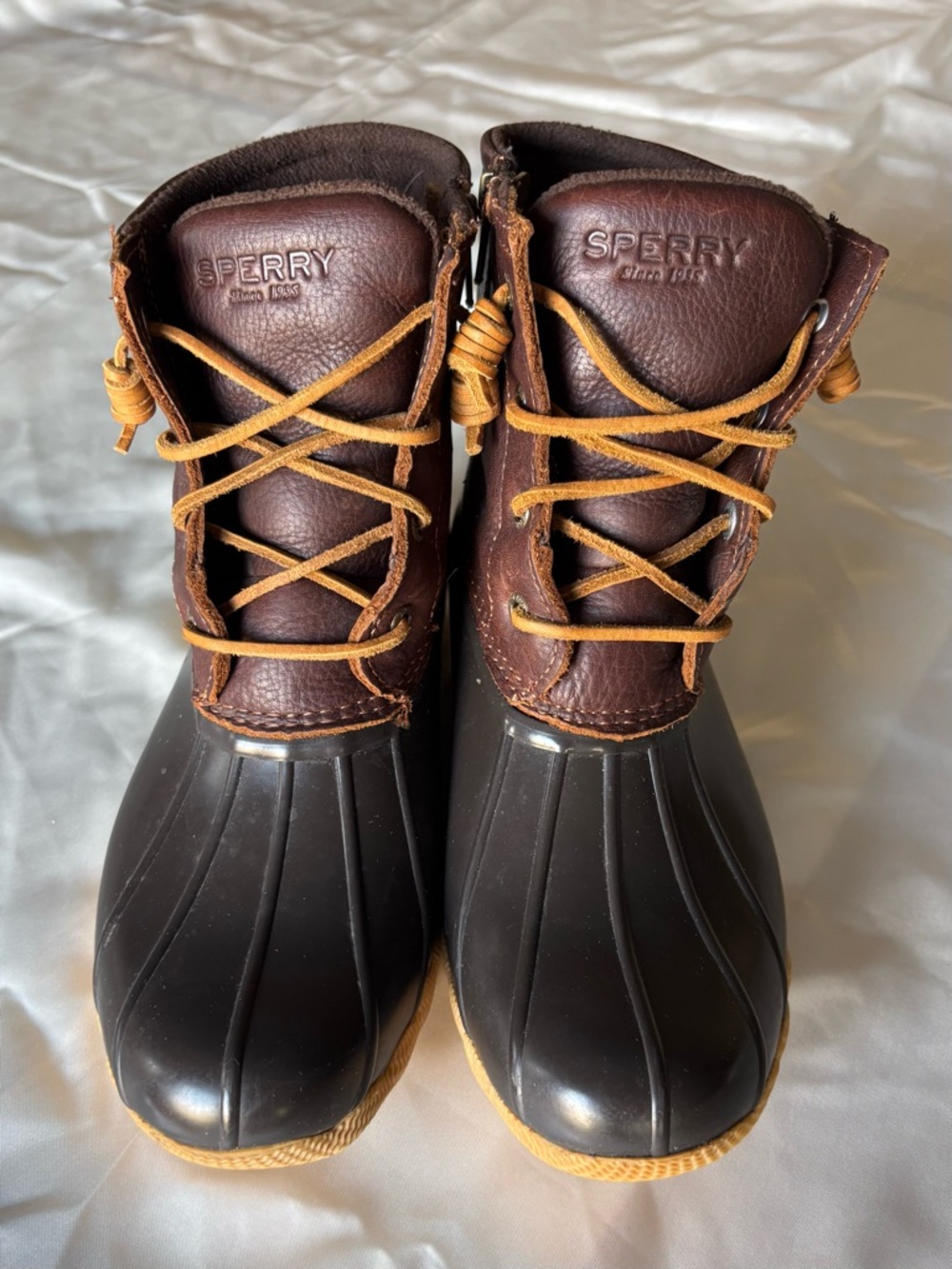 Sperry Brown Leather and Black Duck Boots with Tan Laces